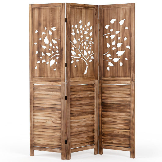 67" Folding Room Divider 3 Panels with Tree Cutout & Louver Design for Room-Rustic Brown
