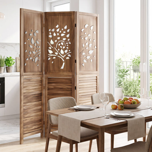 67" Folding Room Divider 3 Panels with Tree Cutout & Louver Design for Room-Rustic Brown