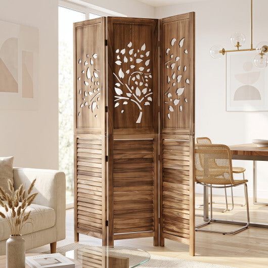67" Folding Room Divider 3 Panels with Tree Cutout & Louver Design for Room-Rustic Brown