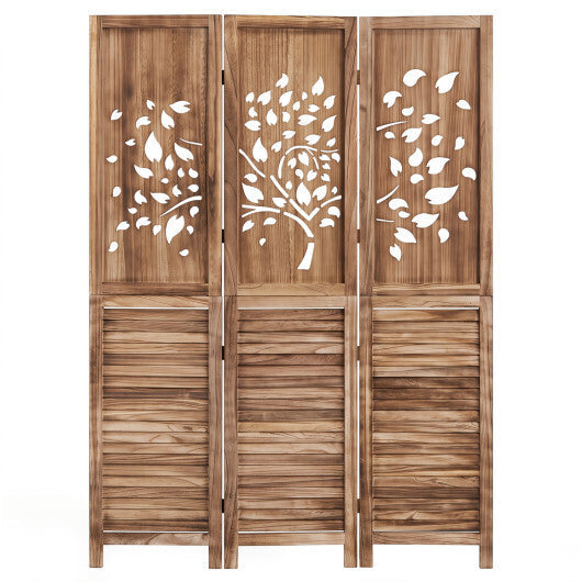 67" Folding Room Divider 3 Panels with Tree Cutout & Louver Design for Room-Rustic Brown