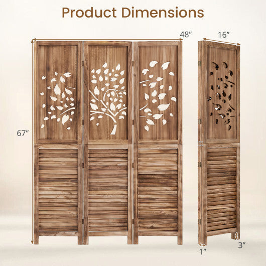 67" Folding Room Divider 3 Panels with Tree Cutout & Louver Design for Room-Rustic Brown