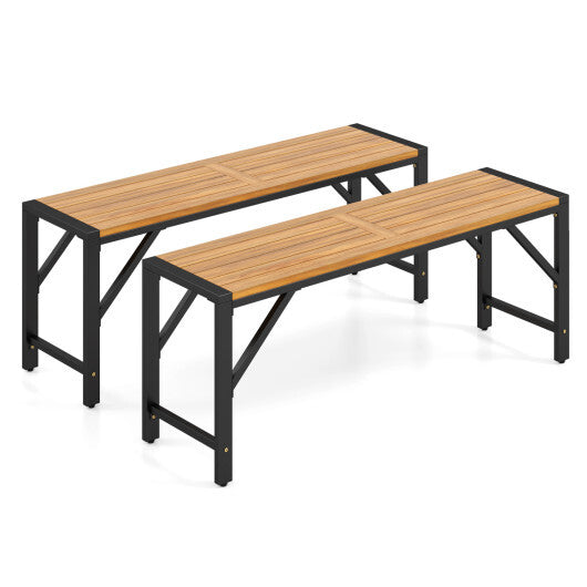Set of 2 Acacia Wood Outdoor Bench 47.5" with Slatted Seat for Backyard