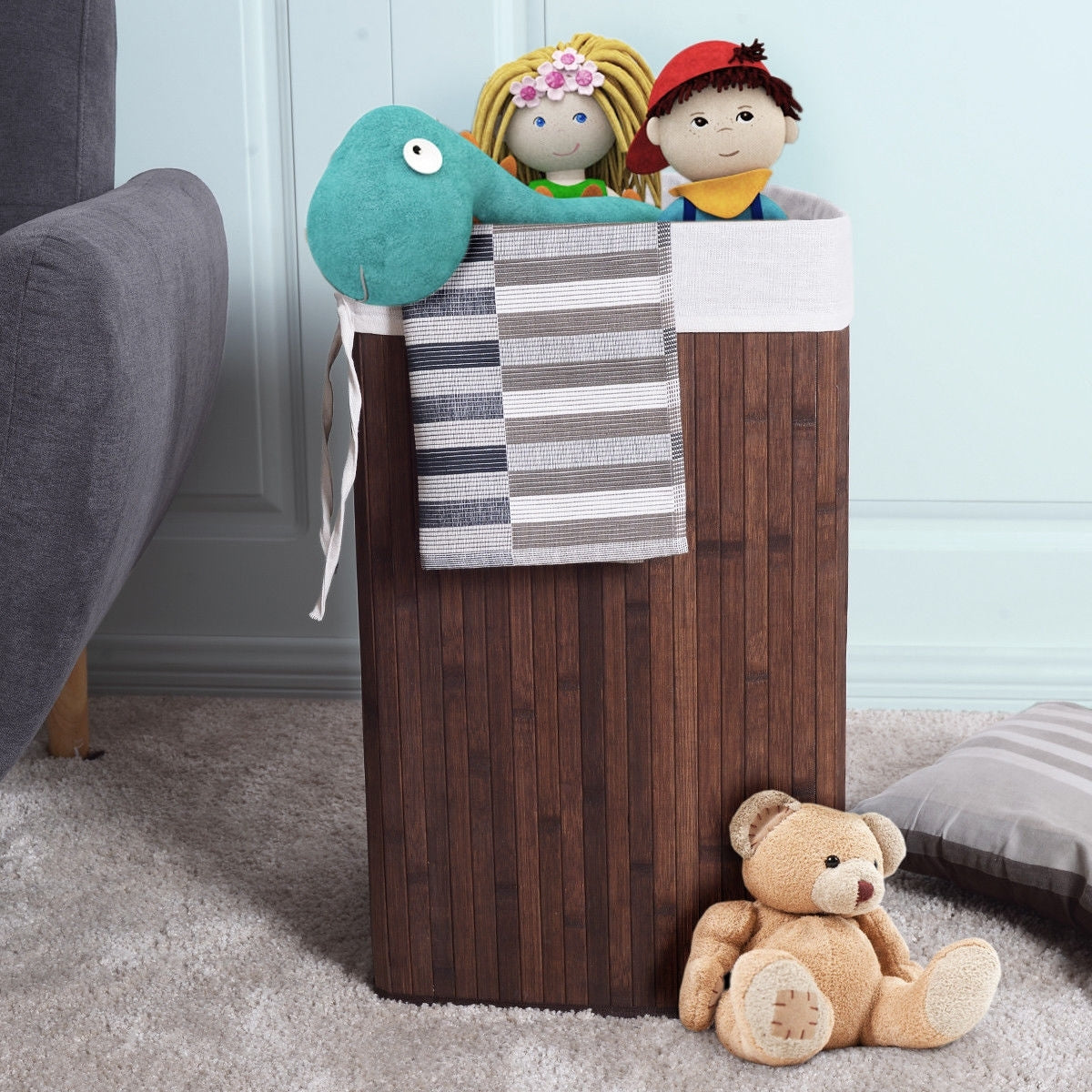 Corner Bamboo Hamper Laundry Basket-Brown - Color: Brown