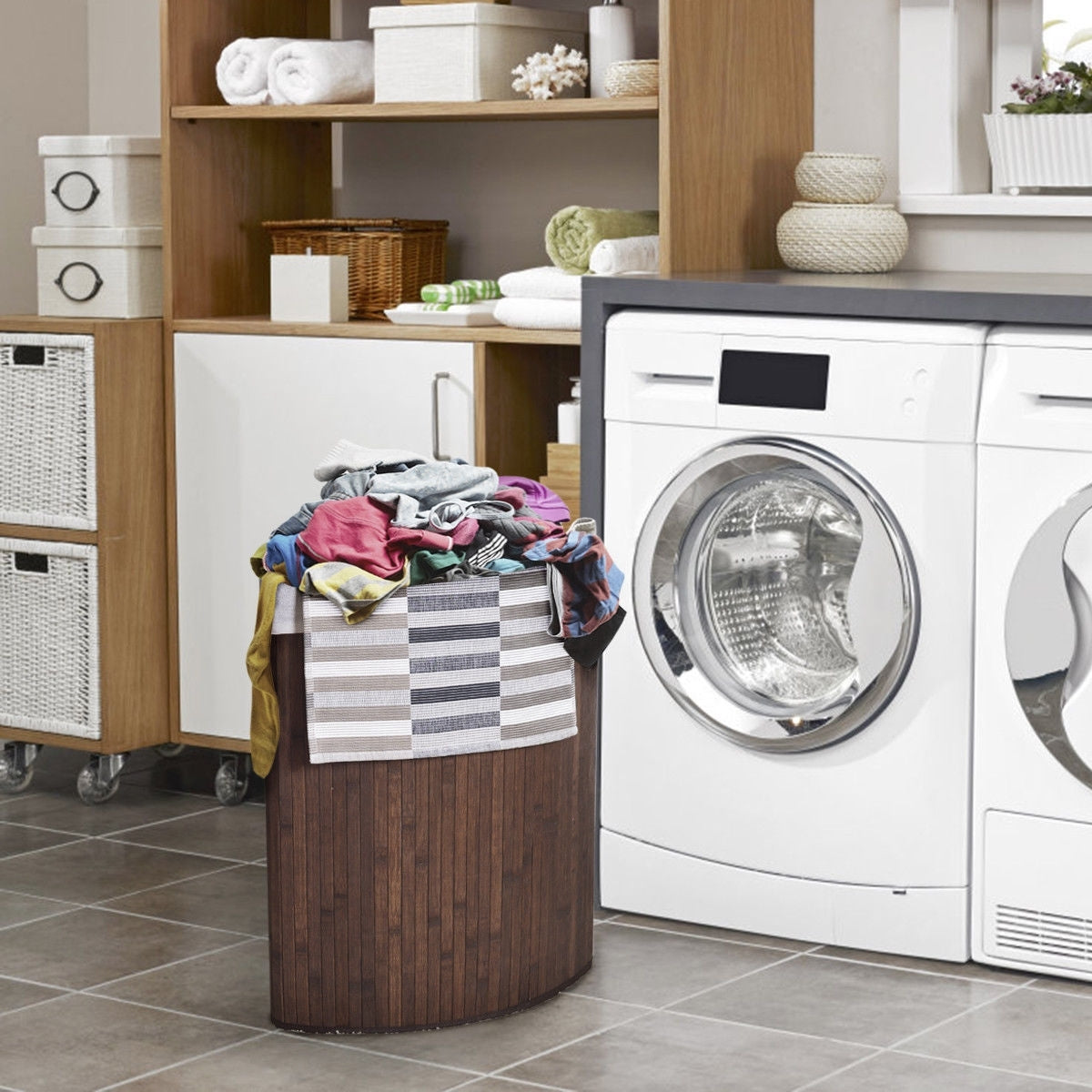 Corner Bamboo Hamper Laundry Basket-Brown - Color: Brown