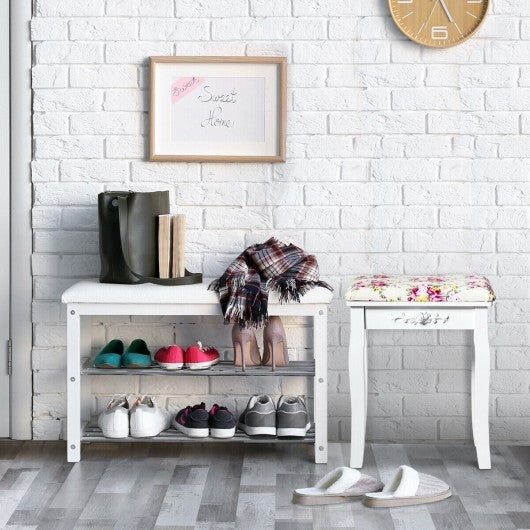Vanity Wood Dressing Stool Padded Piano Seat with Rose Cushion-White