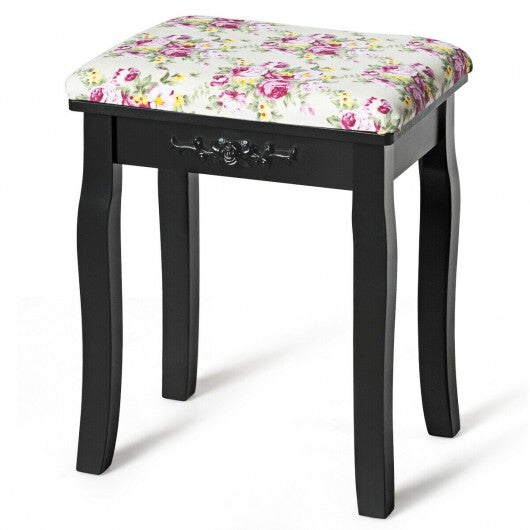 Vanity Wood Dressing Stool Padded Piano Seat with Rose Cushion-White