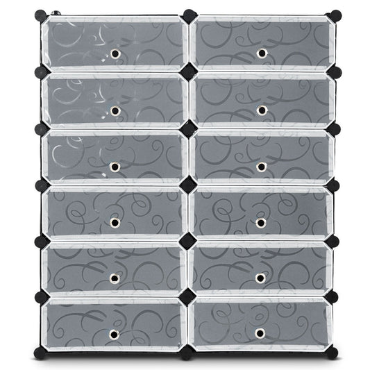 12-Cube DIY Portable Plastic Shoe Rack with Transparent Doors-Black - Color: Black
