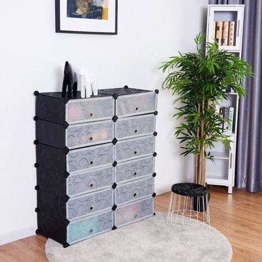 12-Cube DIY Portable Plastic Shoe Rack with Transparent Doors-Black - Color: Black