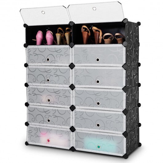 12-Cube DIY Portable Plastic Shoe Rack with Transparent Doors-Black - Color: Black