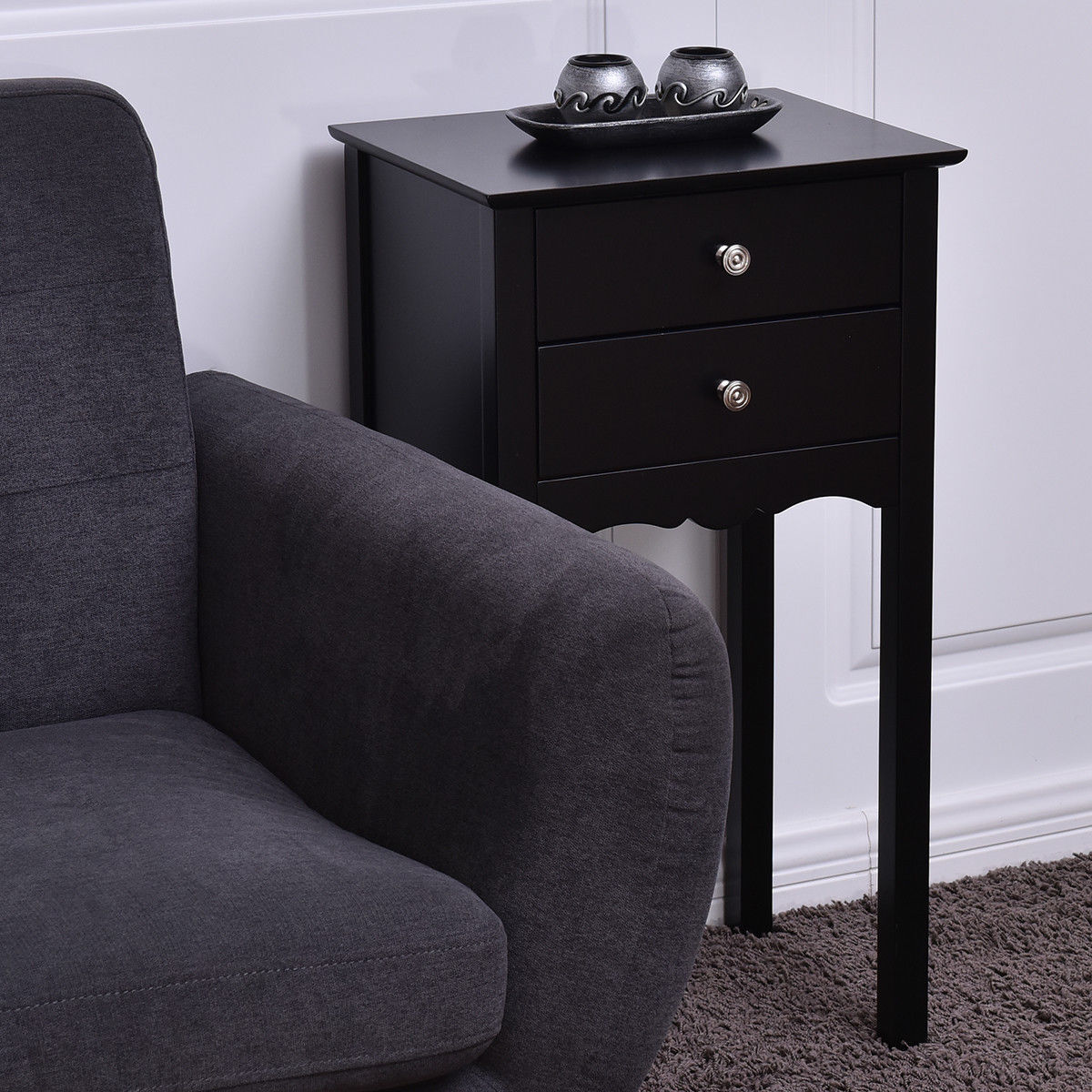 Side Table End Accent Table with 2 Drawers-Black - Color: Black
