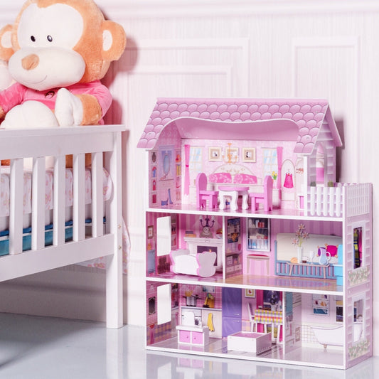 28 Inch Pink Dollhouse with Furniture - Color: Pink