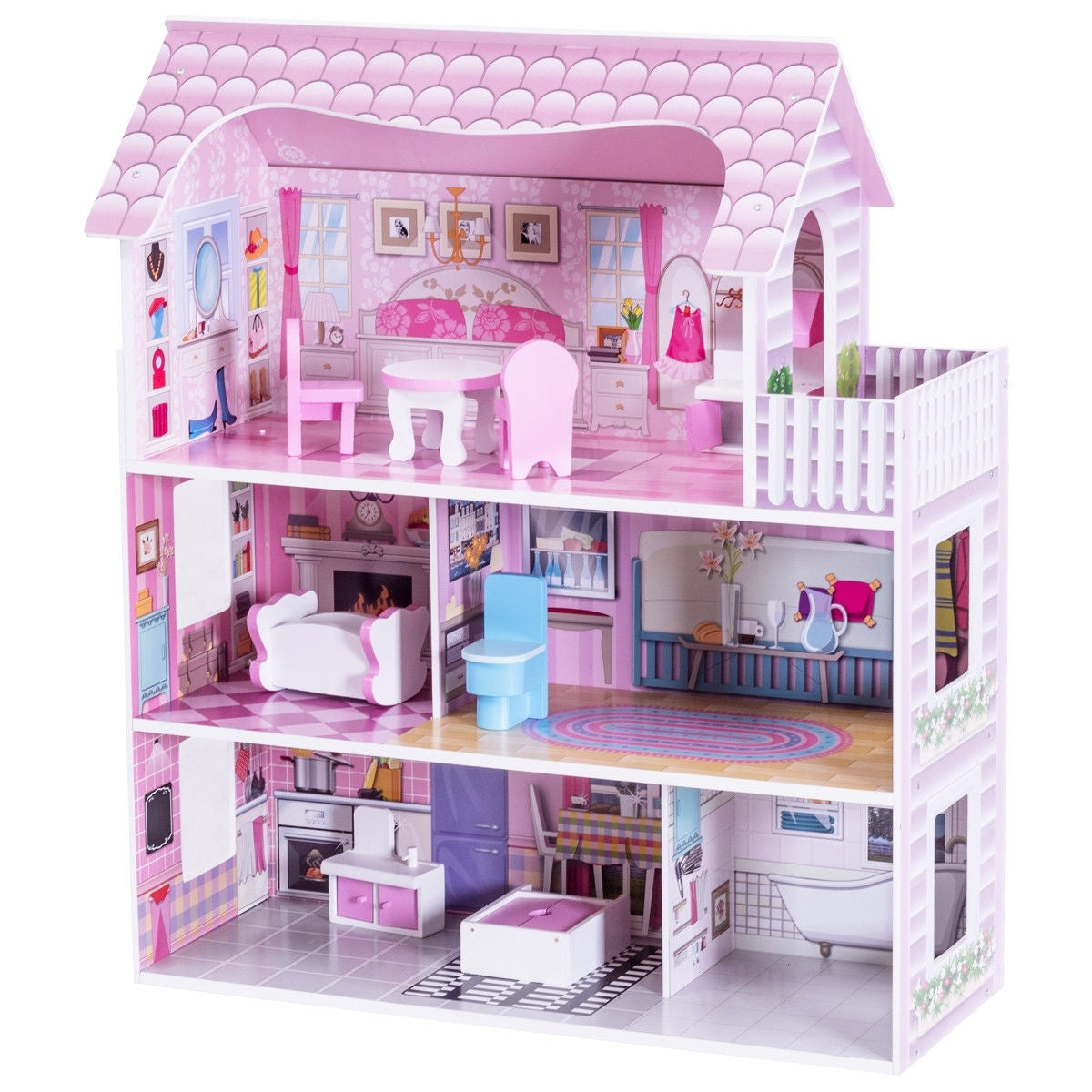 28 Inch Pink Dollhouse with Furniture - Color: Pink