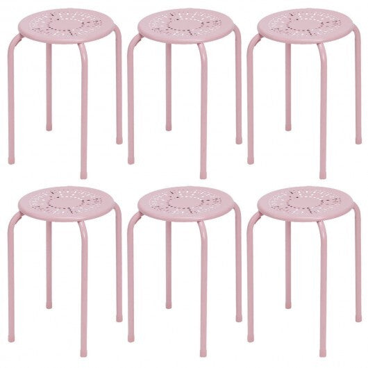Set of 6 Stackable Multifunctional Daisy Design Backless Round Metal Stool Set-Black