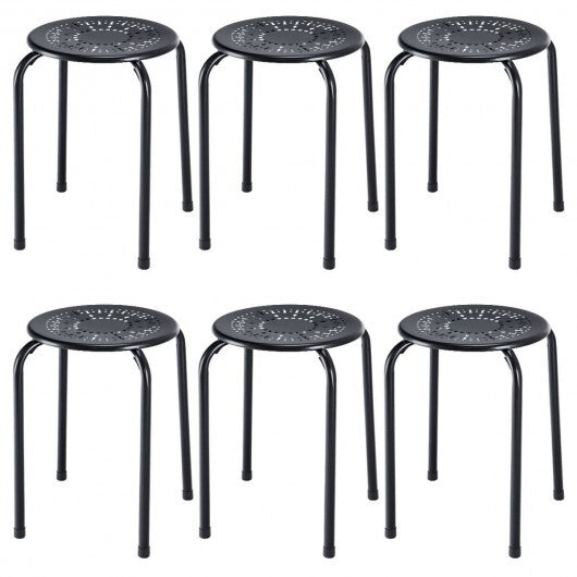 Set of 6 Stackable Multifunctional Daisy Design Backless Round Metal Stool Set-Black