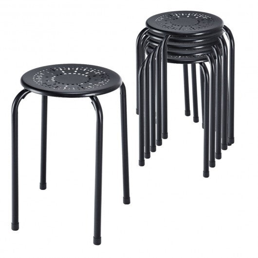 Set of 6 Stackable Multifunctional Daisy Design Backless Round Metal Stool Set-Black