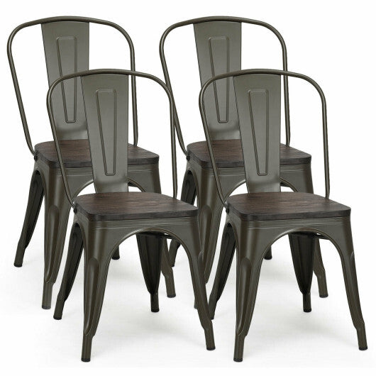 4 Pieces Tolix Style Metal Dining Side Chair Stackable Wood Seat-White