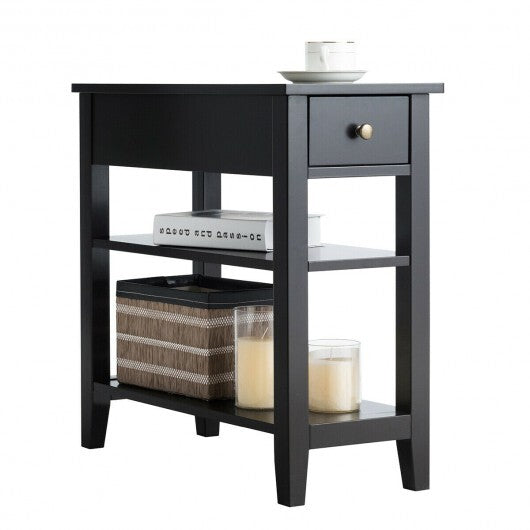 3-Tier Nightstand Bedside Table Sofa Side with Double Shelves Drawer-White