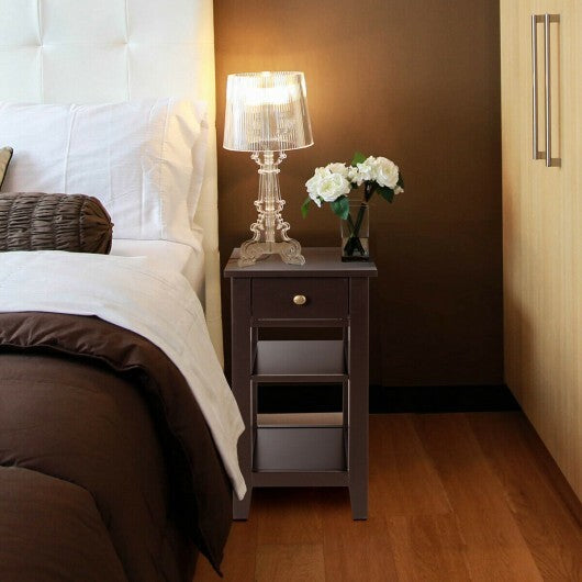 3-Tier Nightstand Bedside Table Sofa Side with Double Shelves Drawer-White