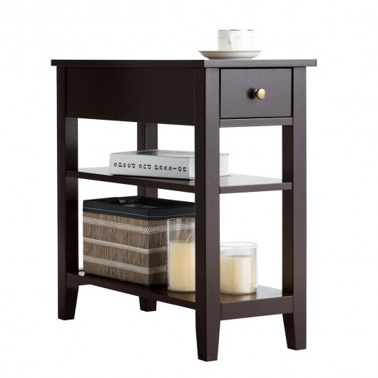 3-Tier Nightstand Bedside Table Sofa Side with Double Shelves Drawer-White