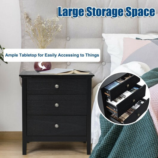 3-Drawer Wooden Nightstand Modern Bedside Table-Black