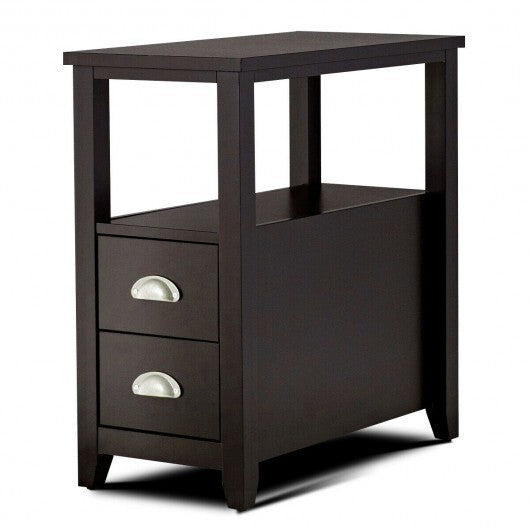 End Table Wooden with 2 Drawers and Shelf Bedside Table-Brown