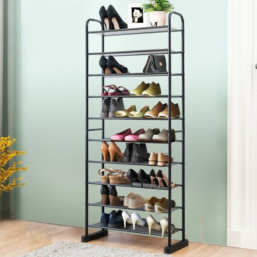 10-Tier Free-Standing Metal Frame Shoe Rack - Color: Black
