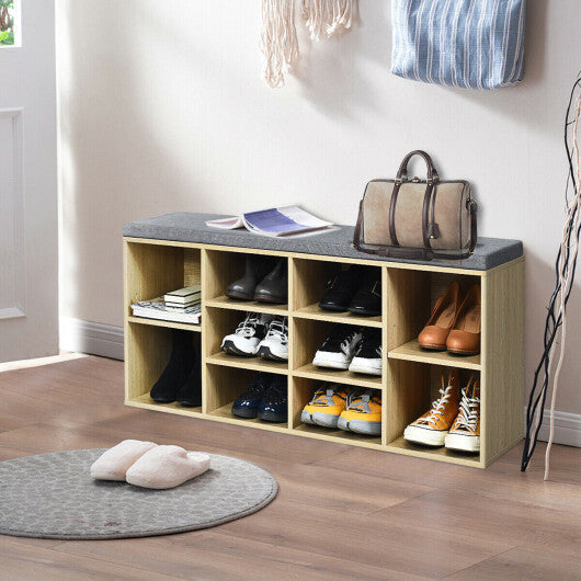 10-Cube Organizer Shoe Storage Bench with Cushion for Entryway-White