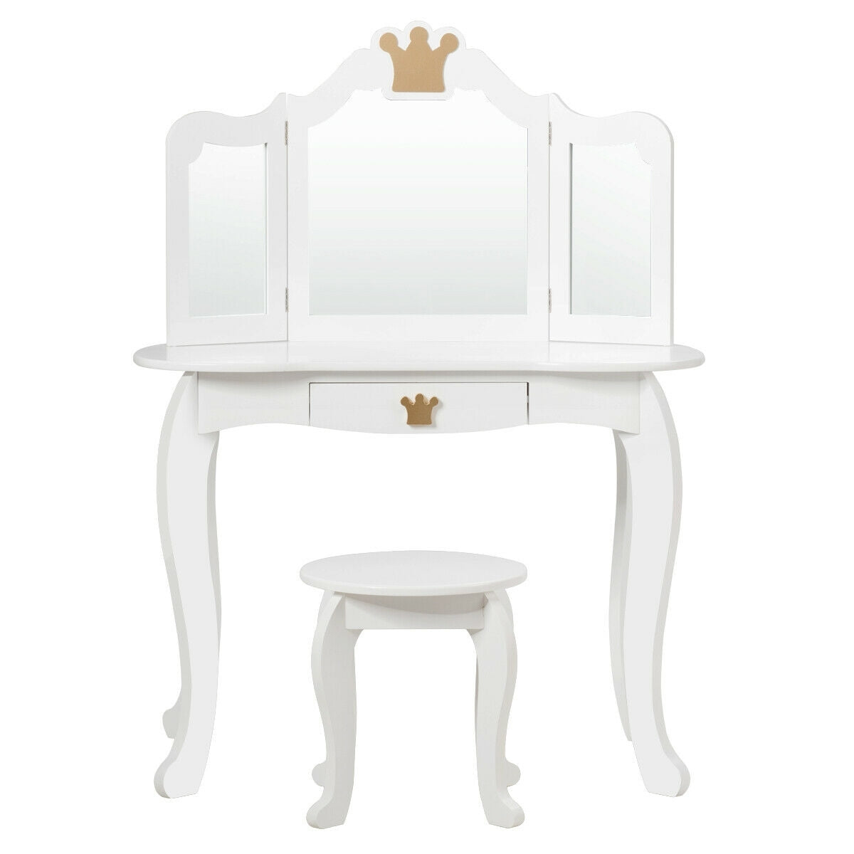 Kids Makeup Dressing Table with Tri-folding Mirror and Stool-White - Color: White