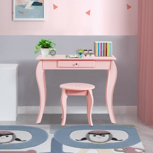 Kids Princess Makeup Dressing Play Table Set with Mirror -Pink - Color: Pink