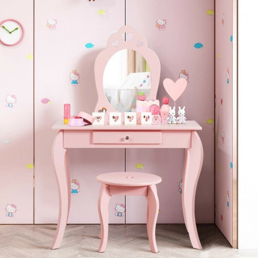 Kids Princess Makeup Dressing Play Table Set with Mirror -Pink - Color: Pink