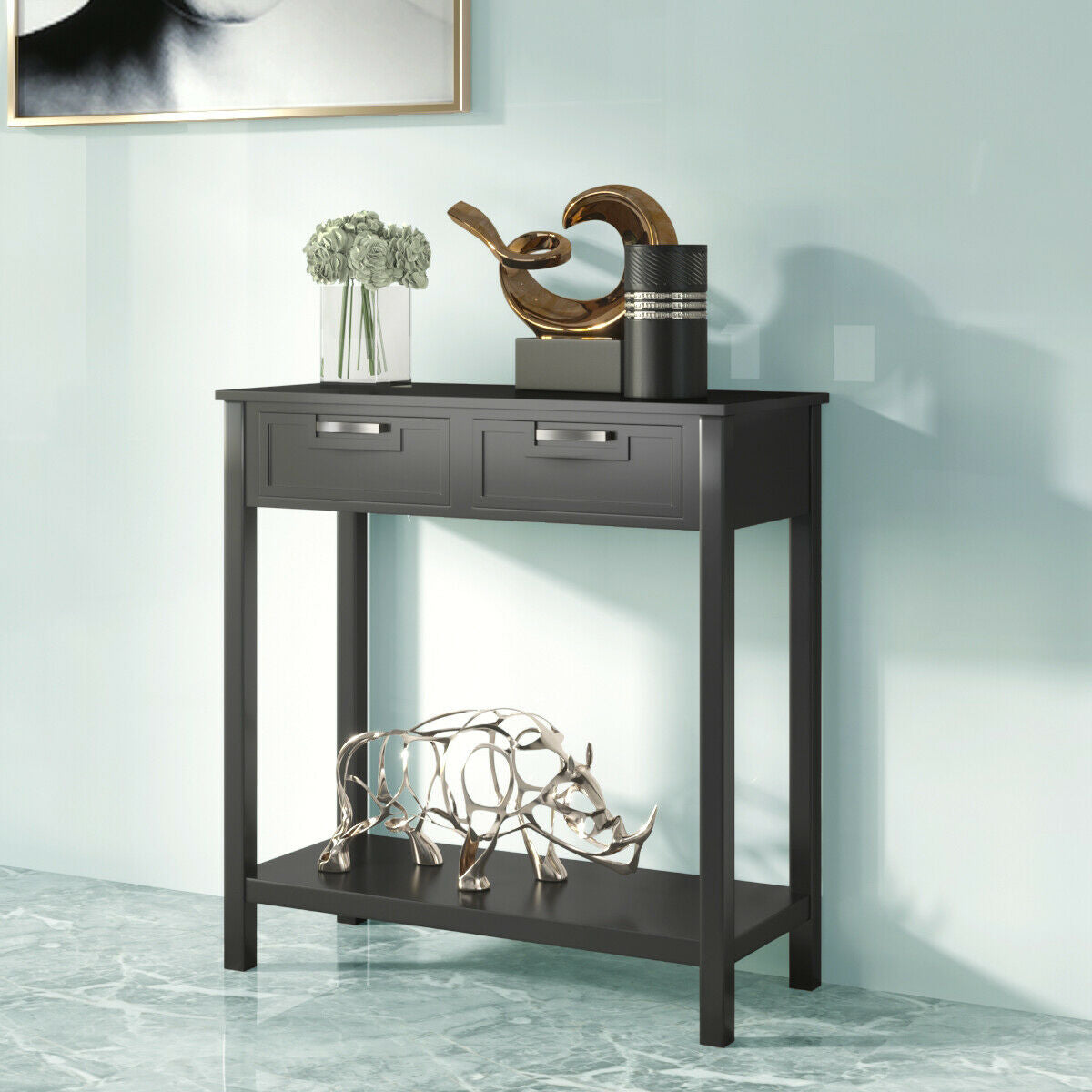 Narrow Console Table with Drawers and Open Storage Shelf-Black - Color: Black