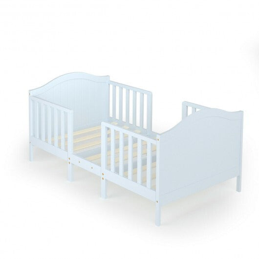 2-in-1 Classic Convertible Wooden Toddler Bed with 2 Side Guardrails for Extra Safety-White