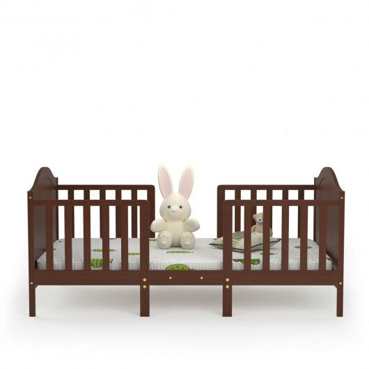 2-in-1 Classic Convertible Wooden Toddler Bed with 2 Side Guardrails for Extra Safety-White