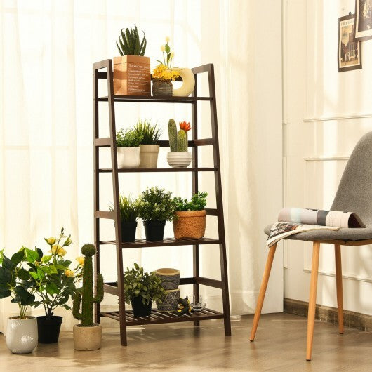 4-Tier Bamboo Plant Rack with Guardrails Stable and Space-Saving-Brown - Color: Brown