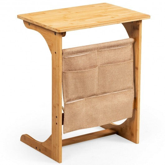 Bamboo Sofa Table End Table Bedside Table with Storage Bag - Color: Natural