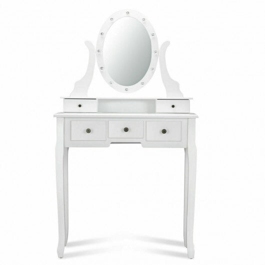 5 Drawers Vanity Table Stool Set with 12-LED Bulbs-Black