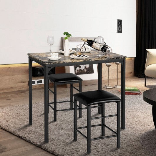 3 Piece Counter Height Dining Set Faux Marble Table-Brown