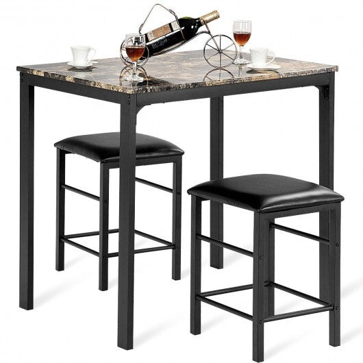 3 Piece Counter Height Dining Set Faux Marble Table-Brown