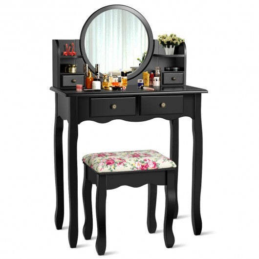 Makeup Vanity Table Set Girls Dressing Table with Drawers Oval Mirror-Black - Color: Black