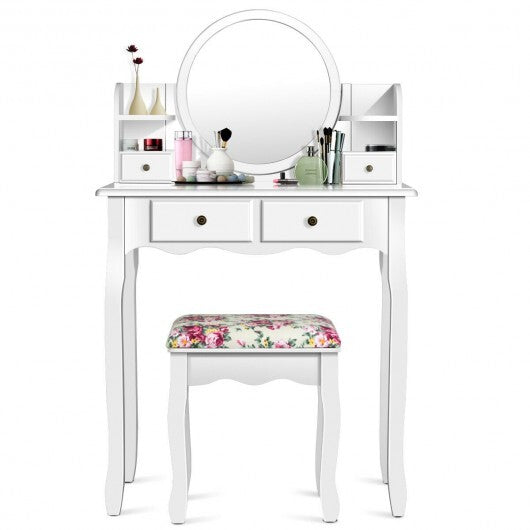 Makeup Vanity Table Set Girls Dressing Table with Drawers Oval Mirror-Black