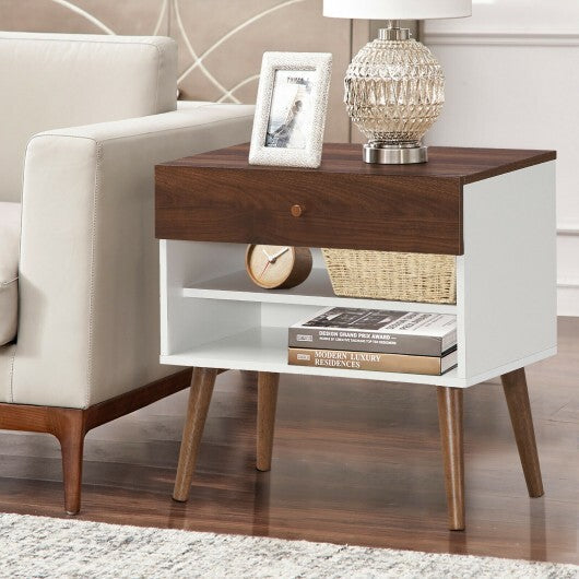 Mid-Century Nightstand with Drawer and Rubber Wood Legs - Color: Brown