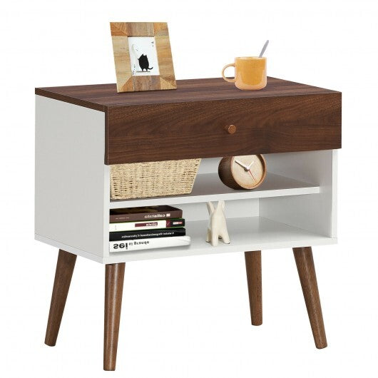 Mid-Century Nightstand with Drawer and Rubber Wood Legs - Color: Brown