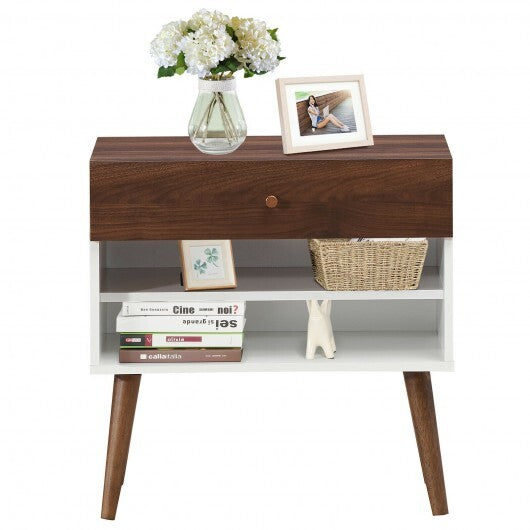 Mid-Century Nightstand with Drawer and Rubber Wood Legs - Color: Brown