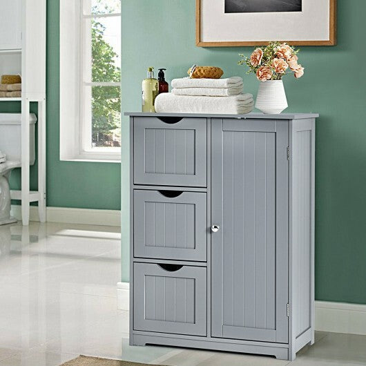 Bathroom Floor Cabinet Side Storage Cabinet with 3 Drawers and 1 Cupboard-Gray - Color: Gray