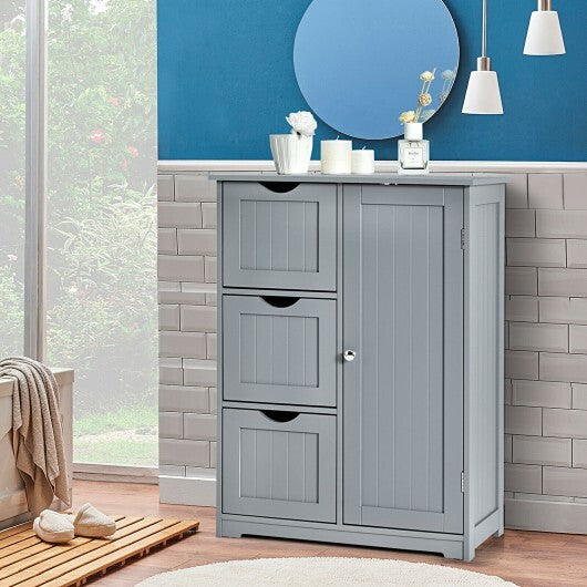 Bathroom Floor Cabinet Side Storage Cabinet with 3 Drawers and 1 Cupboard-Gray - Color: Gray