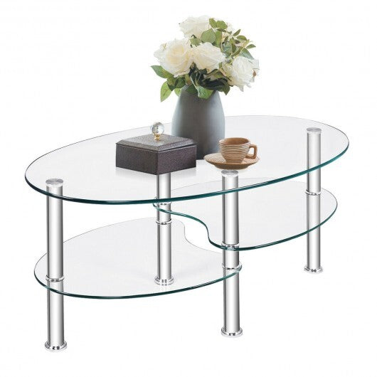 Tempered Glass Oval Side Coffee Table-Transparent - Color: Transparent