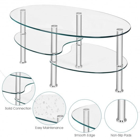 Tempered Glass Oval Side Coffee Table-Transparent - Color: Transparent
