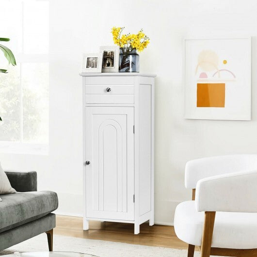 Wooden Storage Free-Standing Floor Cabinet with Drawer and Shelf-White - Color: White