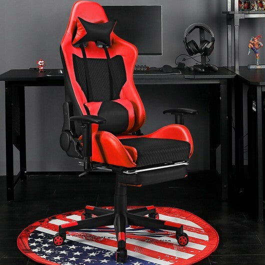 PU Leather Gaming Chair with USB Massage Lumbar Pillow and Footrest -Pink