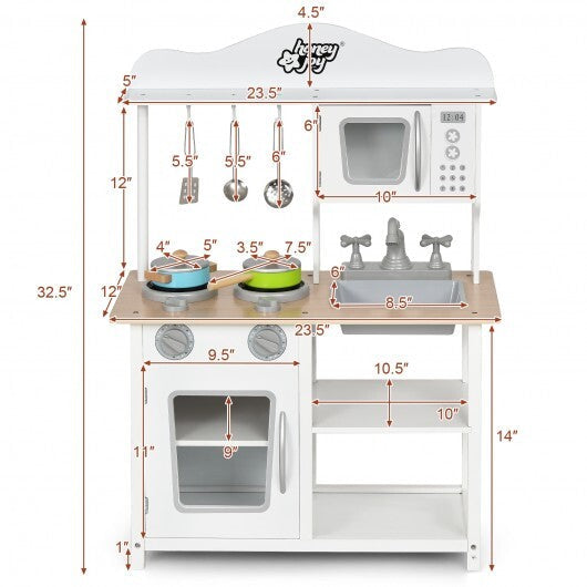 Wooden Pretend Play Kitchen Set for Kids with Accessories and Sink - Color: White